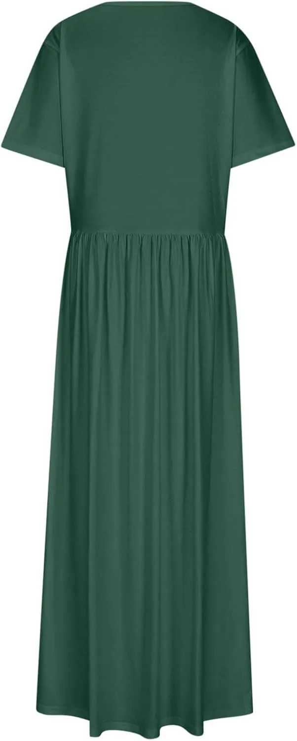 Women's Summer Casual Long Maxi Dress Short Sleeve Crew Neck Loose Dresses Fashion High Waist Beach Vacation Sundress