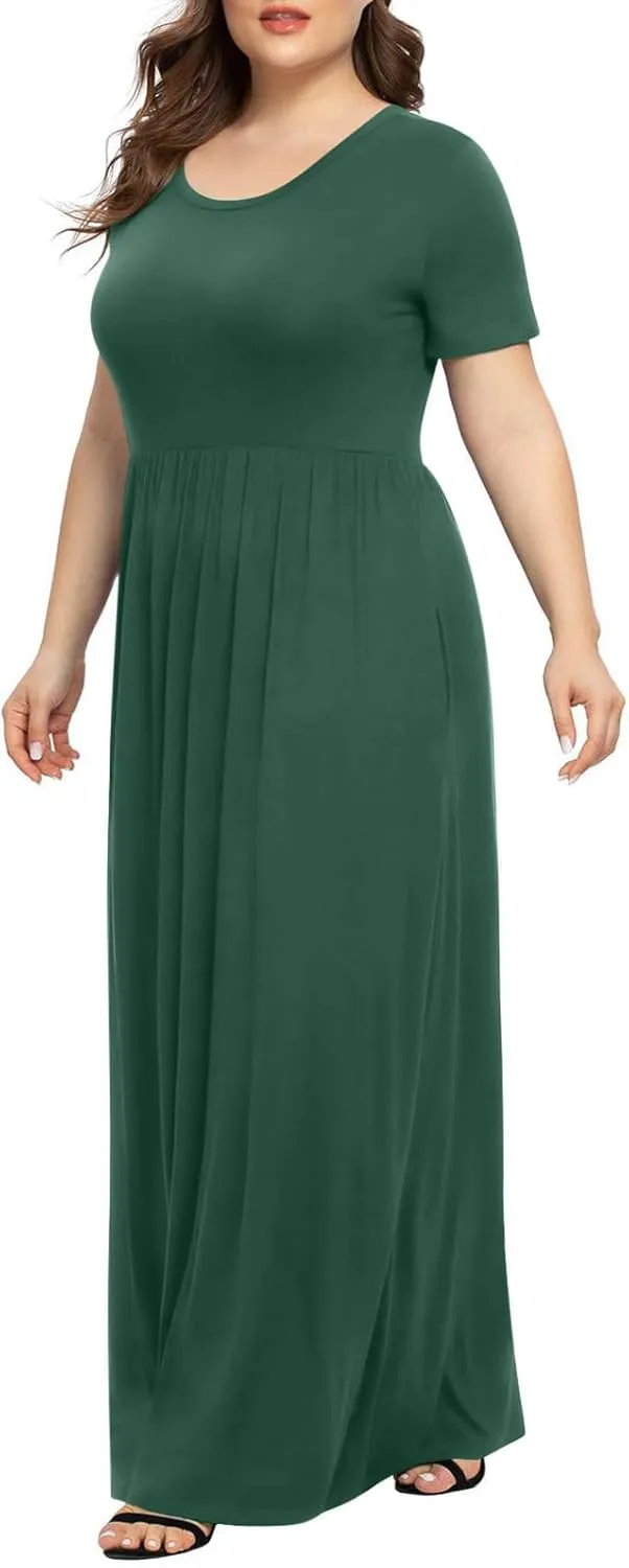 Women's Summer Casual Long Maxi Dress Short Sleeve Crew Neck Loose Dresses Fashion High Waist Beach Vacation Sundress