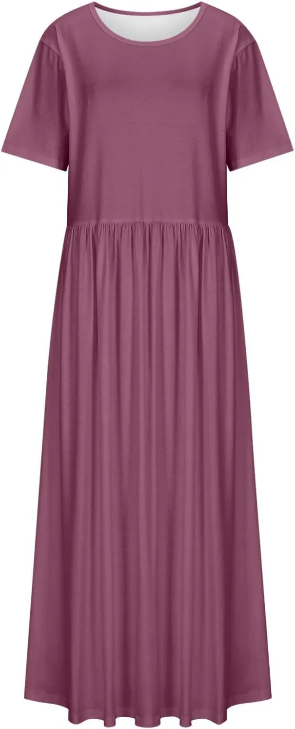Women's Summer Casual Long Maxi Dress Short Sleeve Crew Neck Loose Dresses Fashion High Waist Beach Vacation Sundress