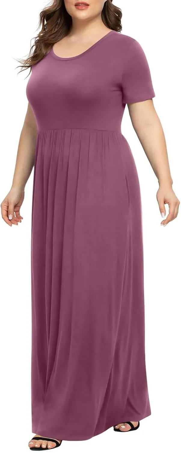 Women's Summer Casual Long Maxi Dress Short Sleeve Crew Neck Loose Dresses Fashion High Waist Beach Vacation Sundress