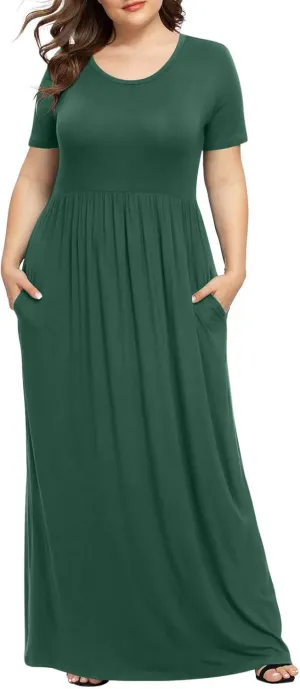 Women's Summer Casual Long Maxi Dress Short Sleeve Crew Neck Loose Dresses Fashion High Waist Beach Vacation Sundress