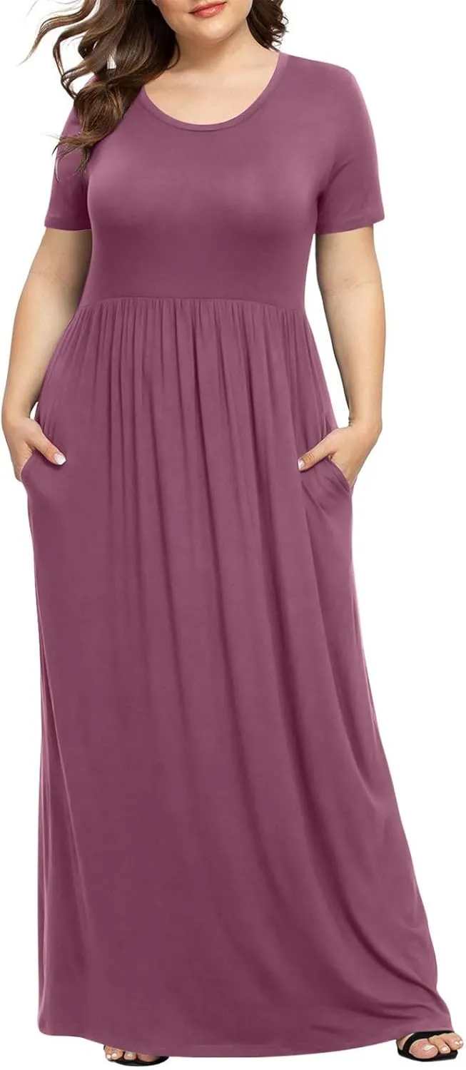 Women's Summer Casual Long Maxi Dress Short Sleeve Crew Neck Loose Dresses Fashion High Waist Beach Vacation Sundress