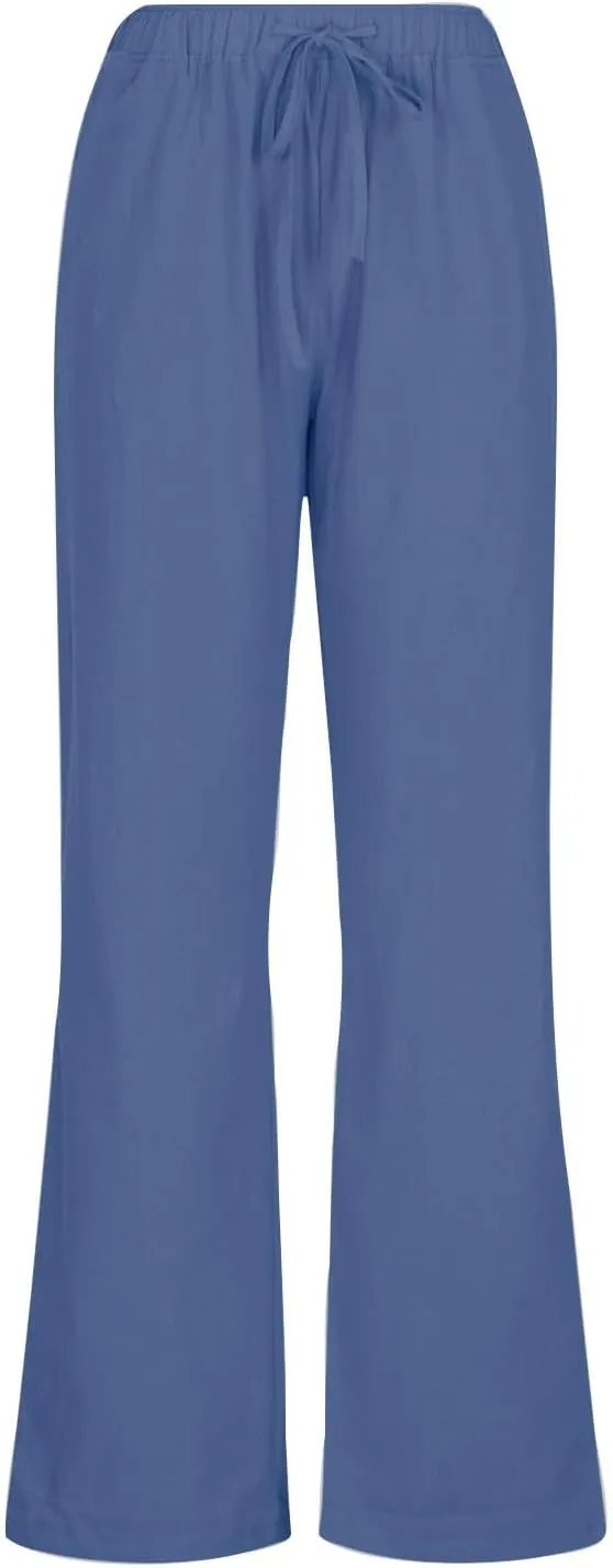 Womens Summer Cotton Pants Dressy Casual High Waisted Drawstring Lounge Trousers Loose Wide Legged Flwoy Beach Pant