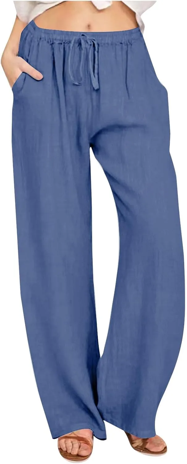 Womens Summer Cotton Pants Dressy Casual High Waisted Drawstring Lounge Trousers Loose Wide Legged Flwoy Beach Pant