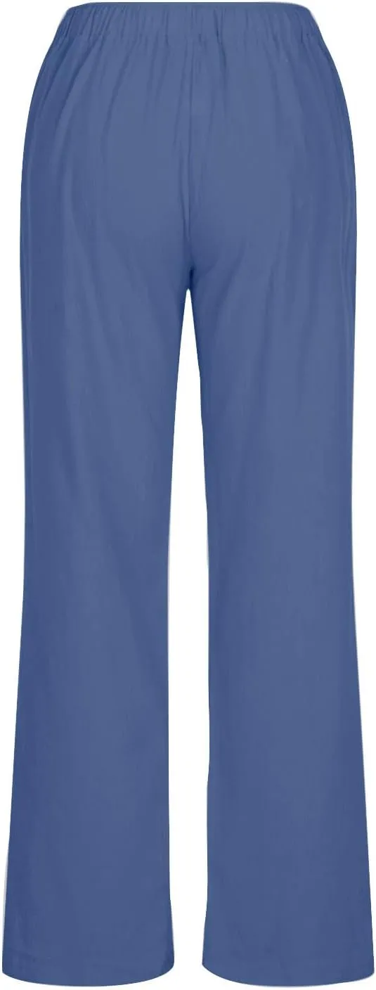 Womens Summer Cotton Pants Dressy Casual High Waisted Drawstring Lounge Trousers Loose Wide Legged Flwoy Beach Pant