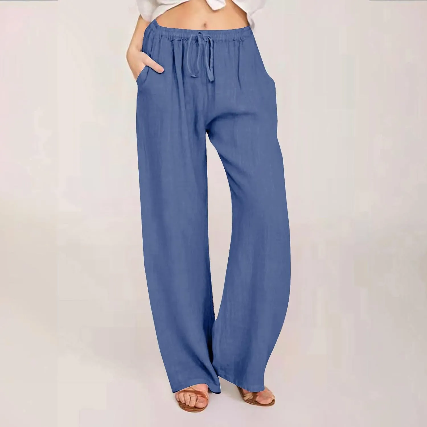 Womens Summer Cotton Pants Dressy Casual High Waisted Drawstring Lounge Trousers Loose Wide Legged Flwoy Beach Pant