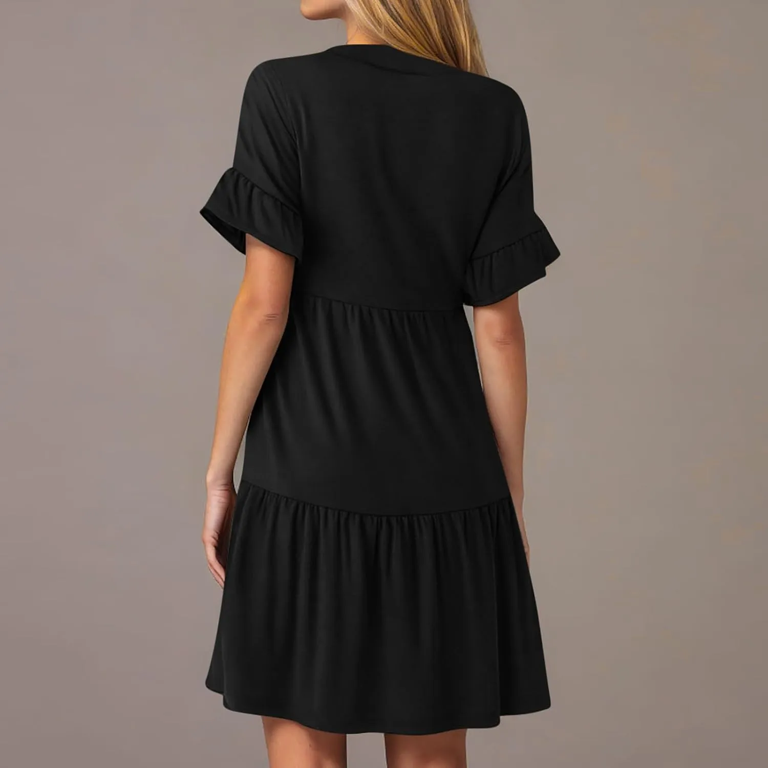 Womens Summer Dress Ruffle Sleeve V Neck Midi Dresses Fashion Casual Flowy Swing Tiered Boho Beach Vacation Sundress