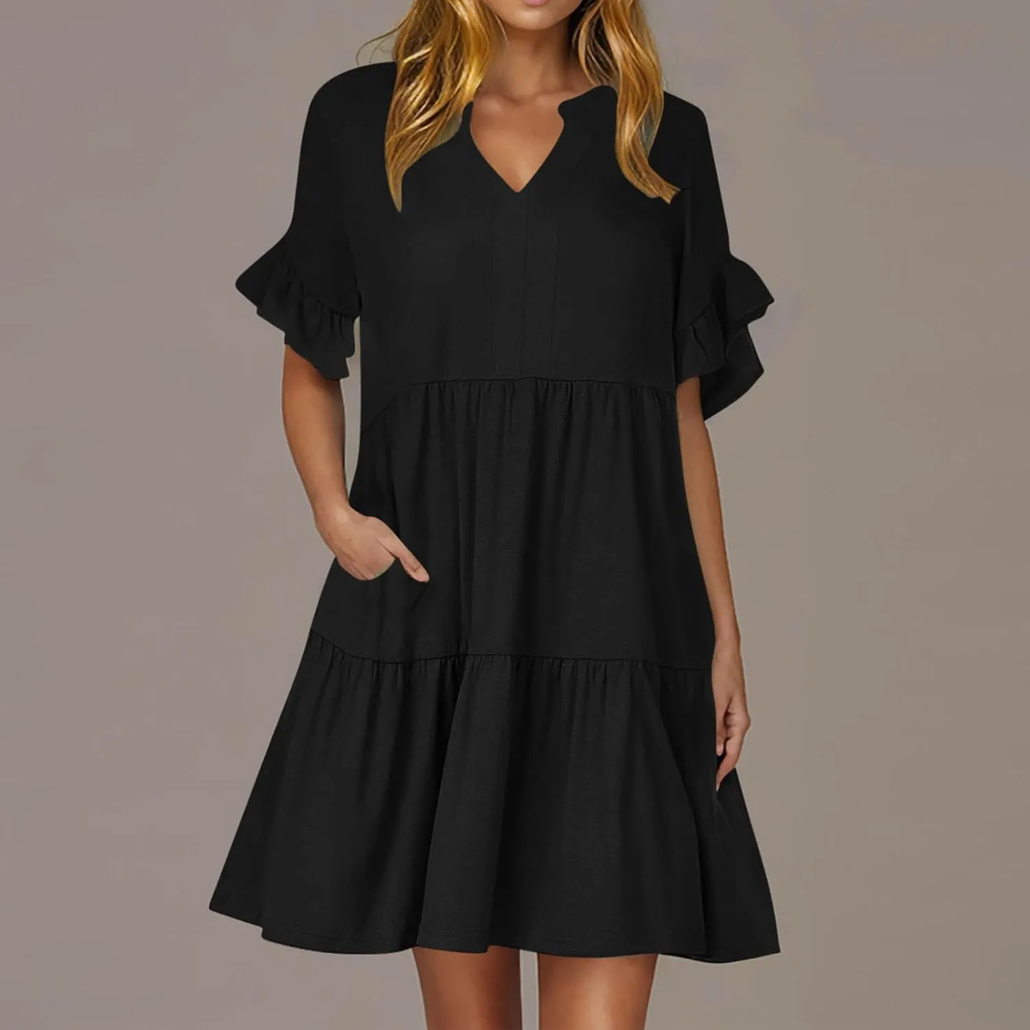 Womens Summer Dress Ruffle Sleeve V Neck Midi Dresses Fashion Casual Flowy Swing Tiered Boho Beach Vacation Sundress