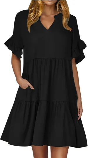 Womens Summer Dress Ruffle Sleeve V Neck Midi Dresses Fashion Casual Flowy Swing Tiered Boho Beach Vacation Sundress