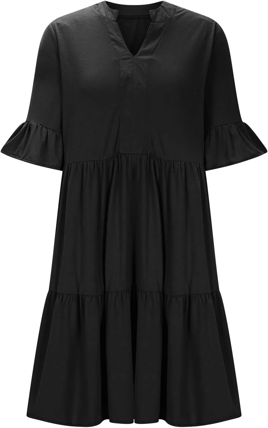 Womens Summer Dress Ruffle Sleeve V Neck Midi Dresses Fashion Casual Flowy Swing Tiered Boho Beach Vacation Sundress