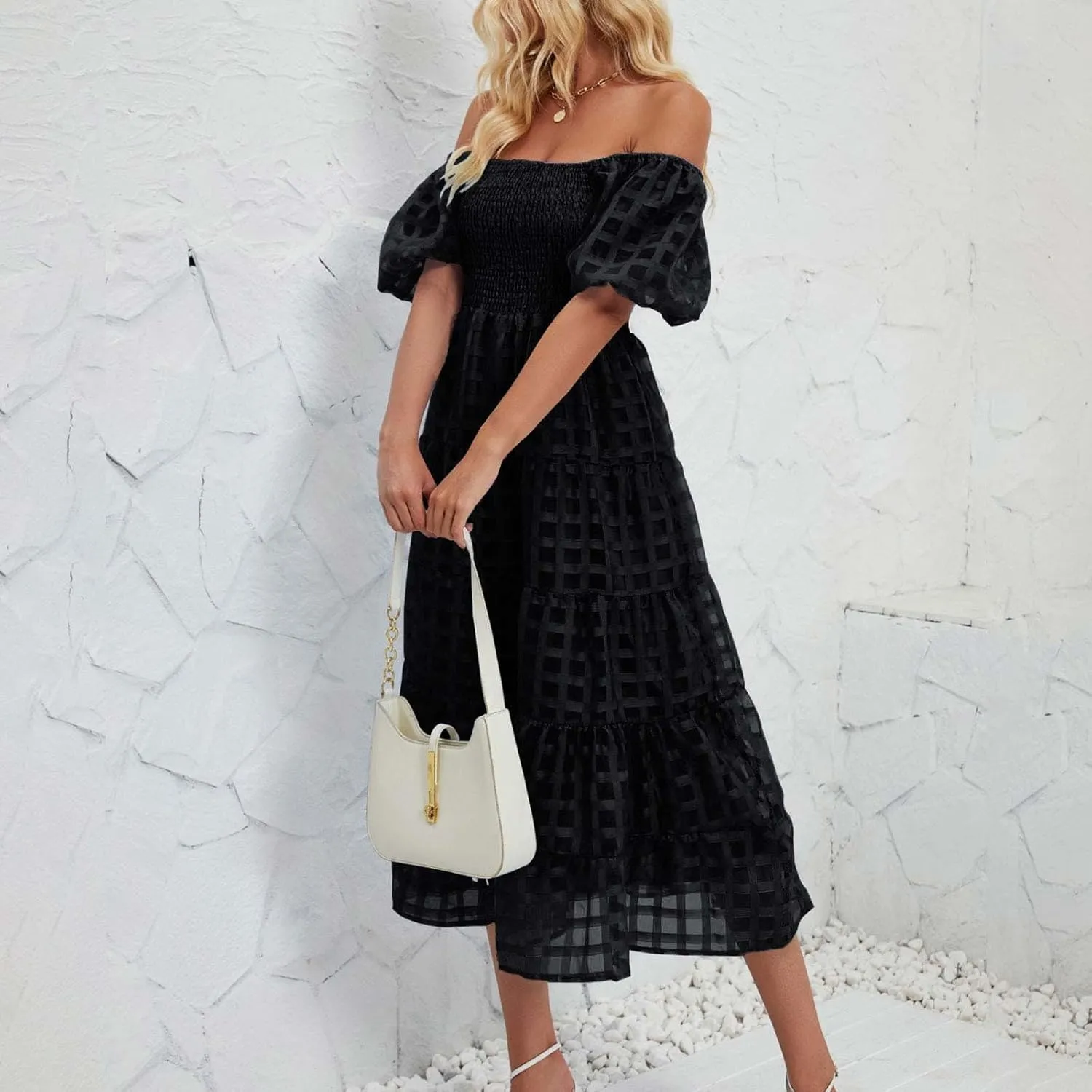 Women's Summer Dresses 2024 Puff Sleeve Plaid Square Neck High Waist Smocked Dress Loose Fit A-Line Flowy Midi Dress