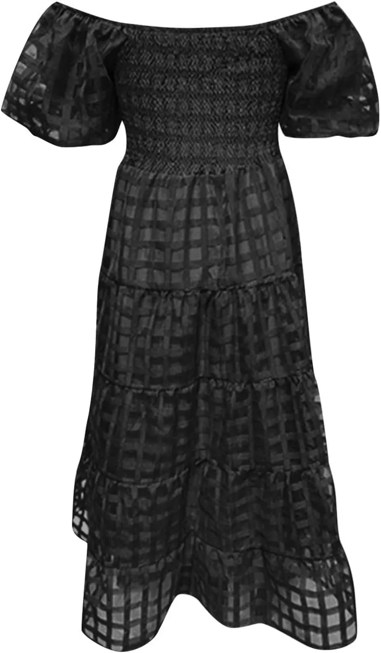 Women's Summer Dresses 2024 Puff Sleeve Plaid Square Neck High Waist Smocked Dress Loose Fit A-Line Flowy Midi Dress