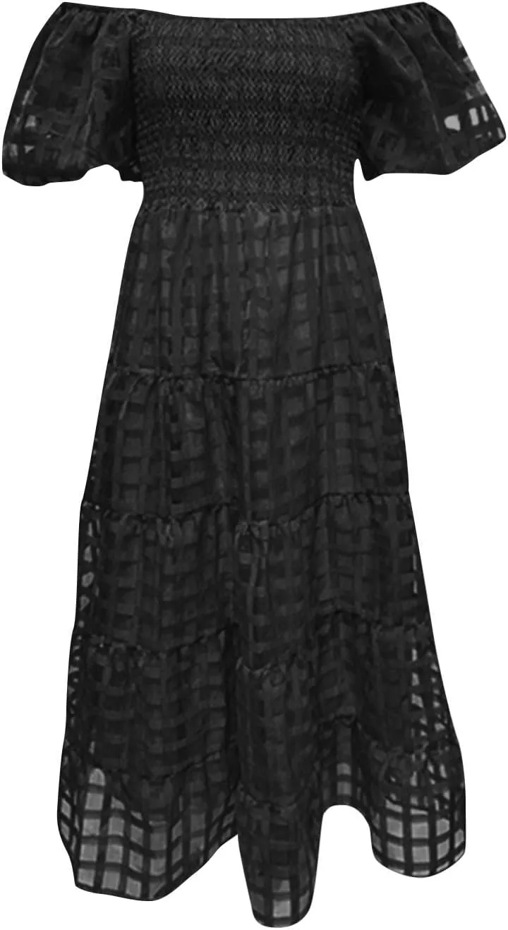 Women's Summer Dresses 2024 Puff Sleeve Plaid Square Neck High Waist Smocked Dress Loose Fit A-Line Flowy Midi Dress