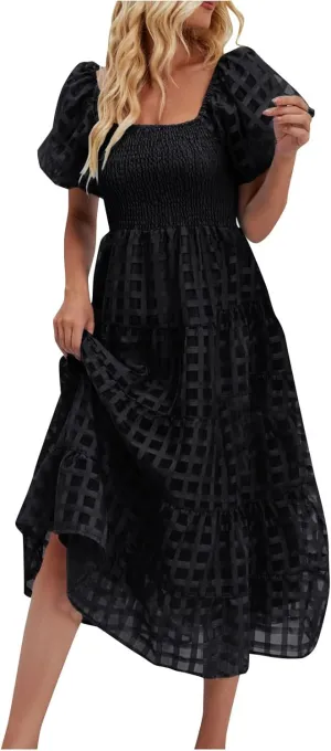 Women's Summer Dresses 2024 Puff Sleeve Plaid Square Neck High Waist Smocked Dress Loose Fit A-Line Flowy Midi Dress