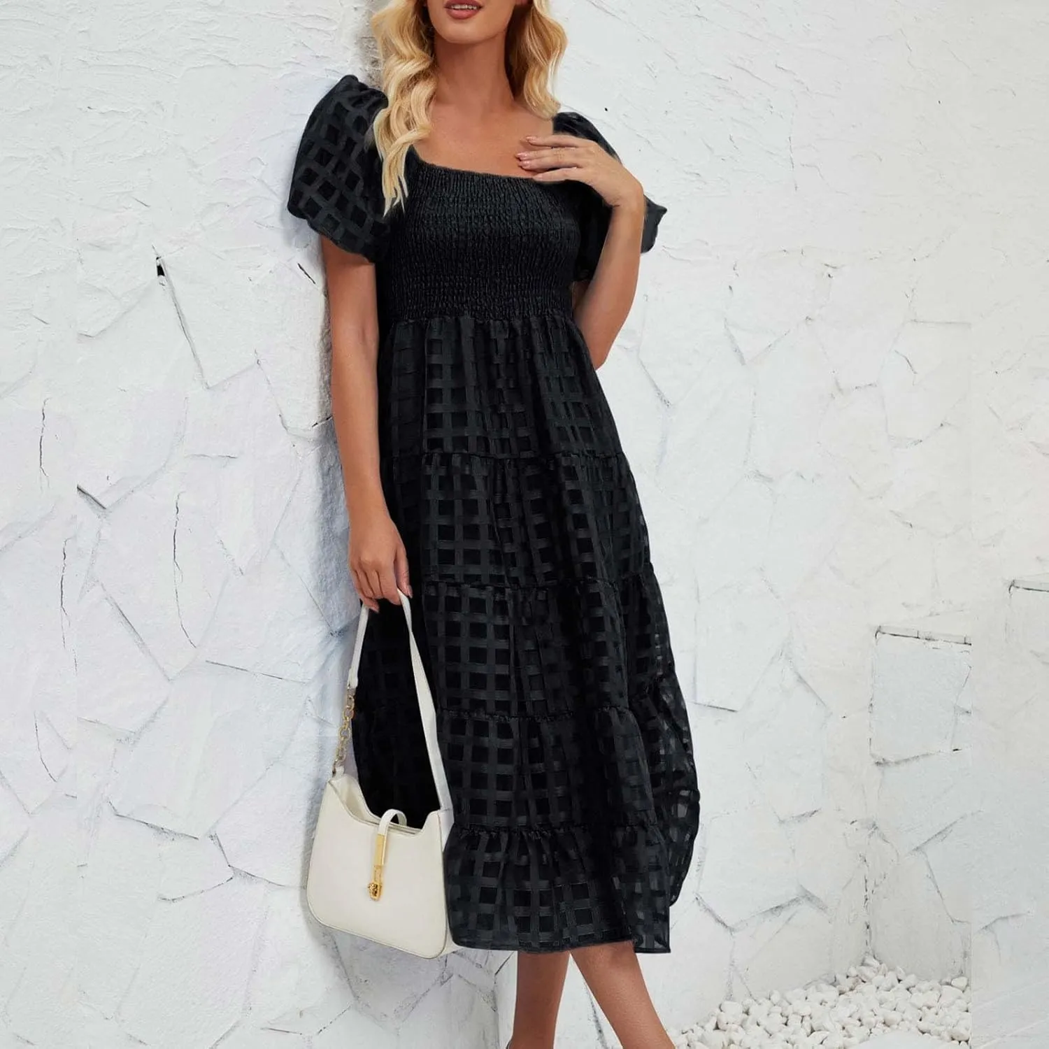 Women's Summer Dresses 2024 Puff Sleeve Plaid Square Neck High Waist Smocked Dress Loose Fit A-Line Flowy Midi Dress