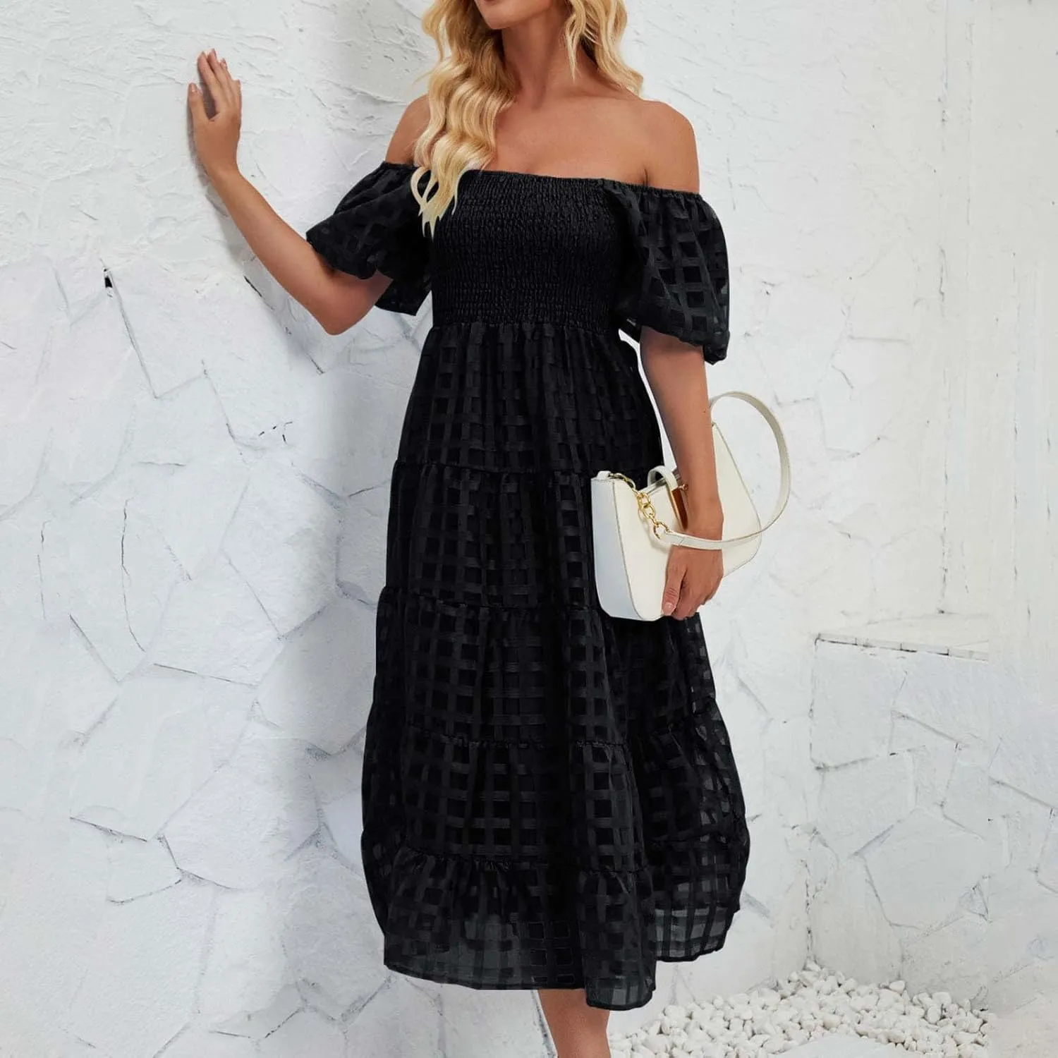 Women's Summer Dresses 2024 Puff Sleeve Plaid Square Neck High Waist Smocked Dress Loose Fit A-Line Flowy Midi Dress