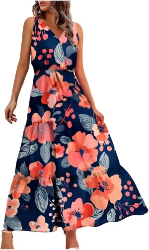 Womens Summer Floral Maxi Dresses Party Beach Vacation Dress Sleeveless High Waisted Tunic Ruffle Swing Sundress