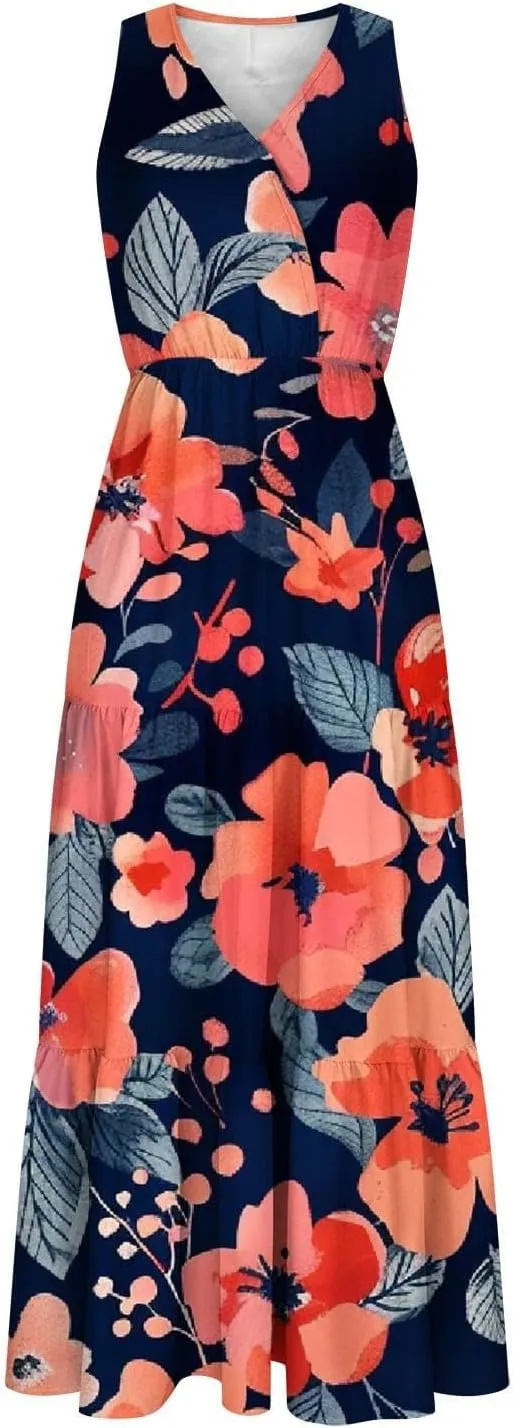 Womens Summer Floral Maxi Dresses Party Beach Vacation Dress Sleeveless High Waisted Tunic Ruffle Swing Sundress