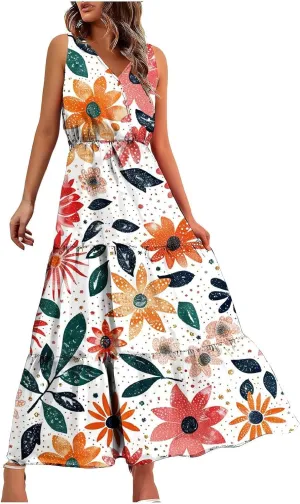 Womens Summer Floral Maxi Dresses Party Beach Vacation Dress Sleeveless High Waisted Tunic Ruffle Swing Sundress