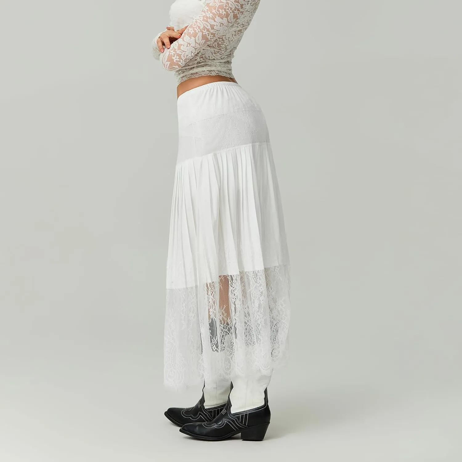 Womens Summer Pleated Lace Skirt Casual Floral Elastic Waist A-Line Midi Maxi Skirts Beach Vacation Streetwear