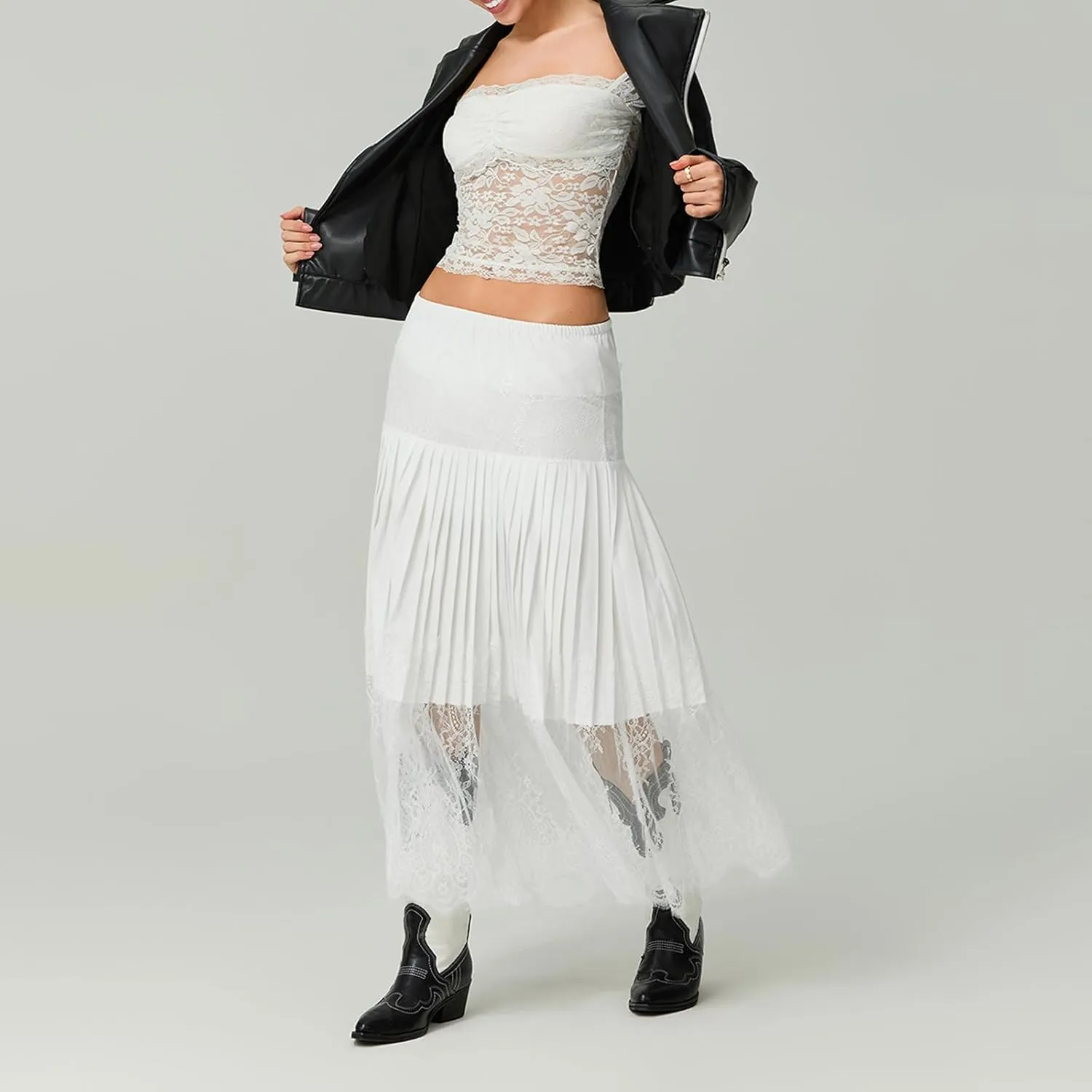 Womens Summer Pleated Lace Skirt Casual Floral Elastic Waist A-Line Midi Maxi Skirts Beach Vacation Streetwear