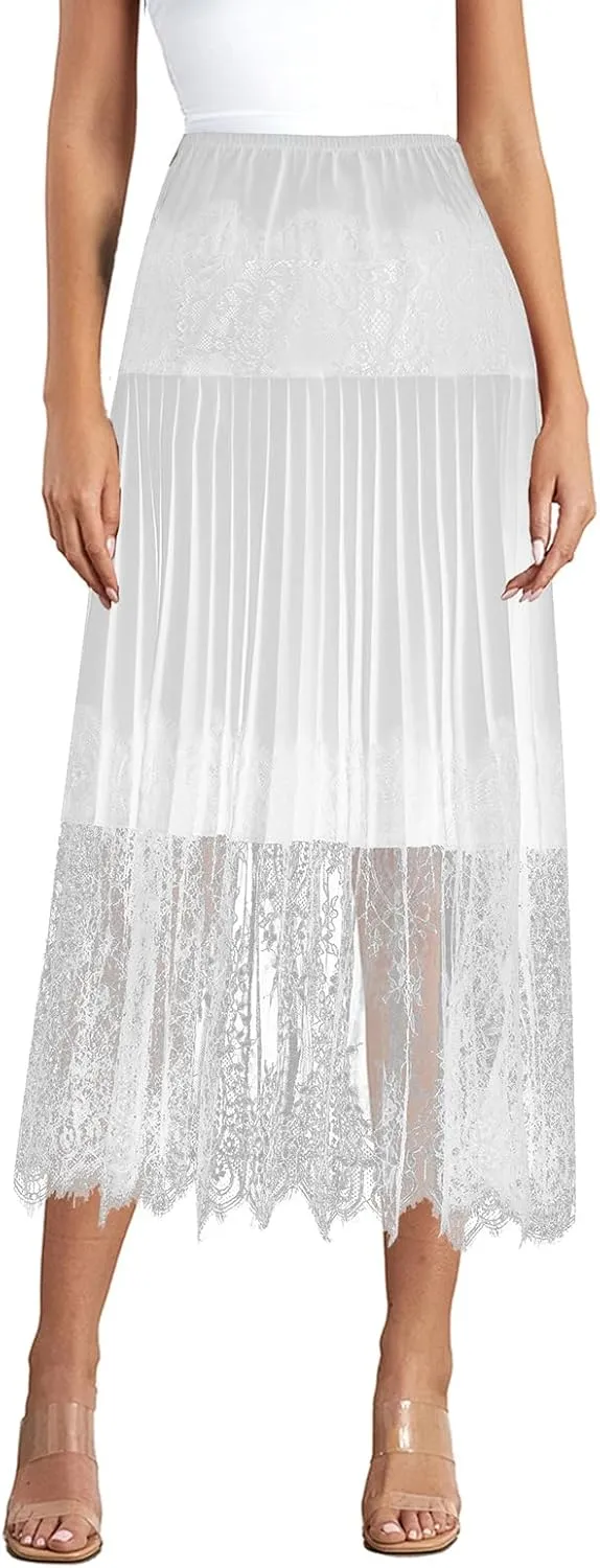 Womens Summer Pleated Lace Skirt Casual Floral Elastic Waist A-Line Midi Maxi Skirts Beach Vacation Streetwear