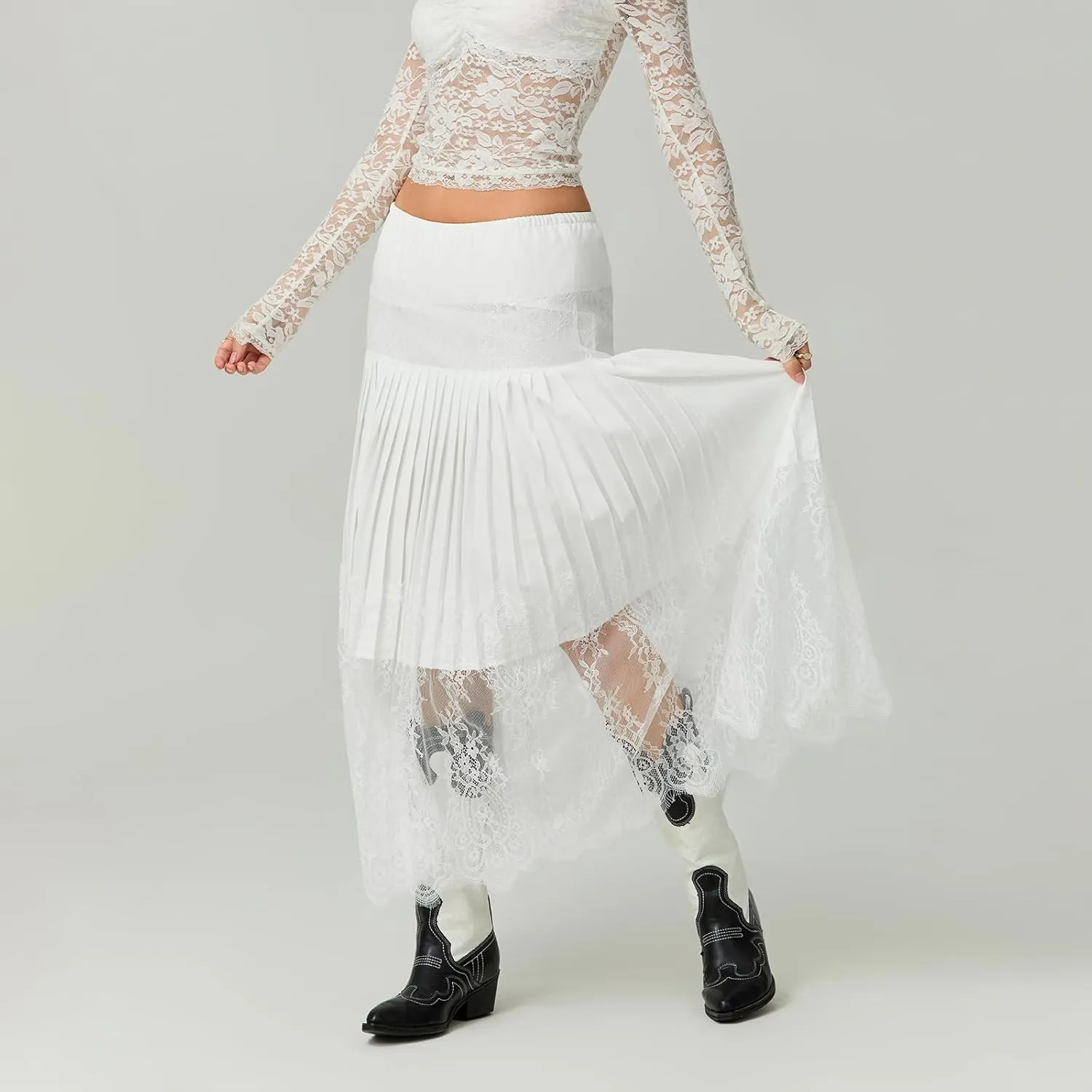 Womens Summer Pleated Lace Skirt Casual Floral Elastic Waist A-Line Midi Maxi Skirts Beach Vacation Streetwear