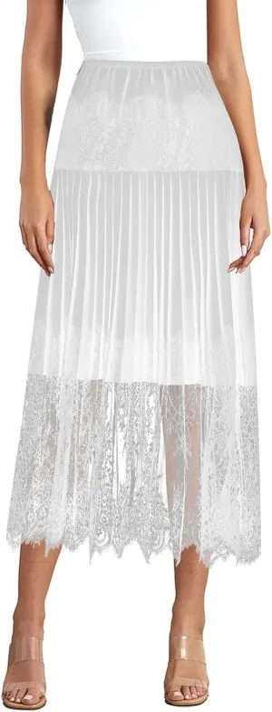 Womens Summer Pleated Lace Skirt Casual Floral Elastic Waist A-Line Midi Maxi Skirts Beach Vacation Streetwear