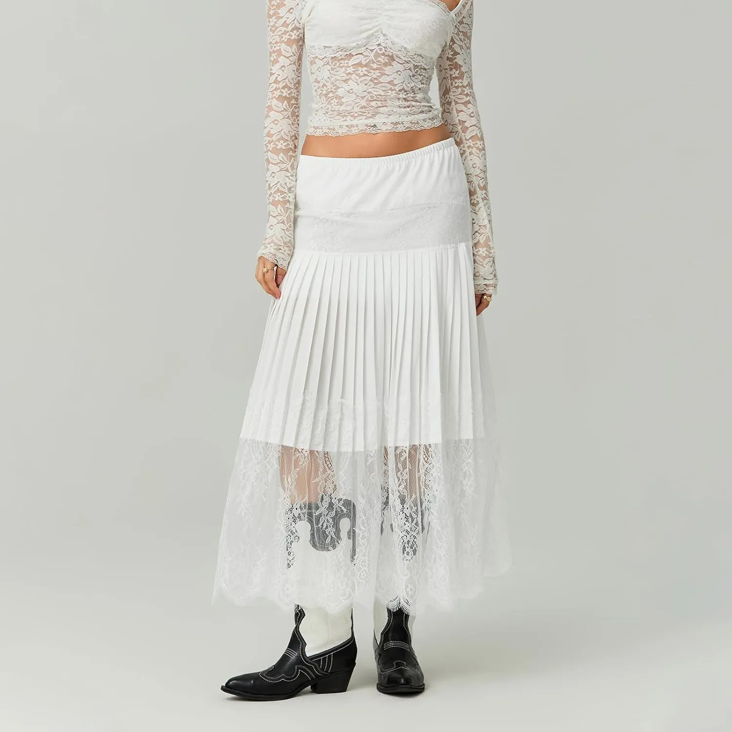 Womens Summer Pleated Lace Skirt Casual Floral Elastic Waist A-Line Midi Maxi Skirts Beach Vacation Streetwear