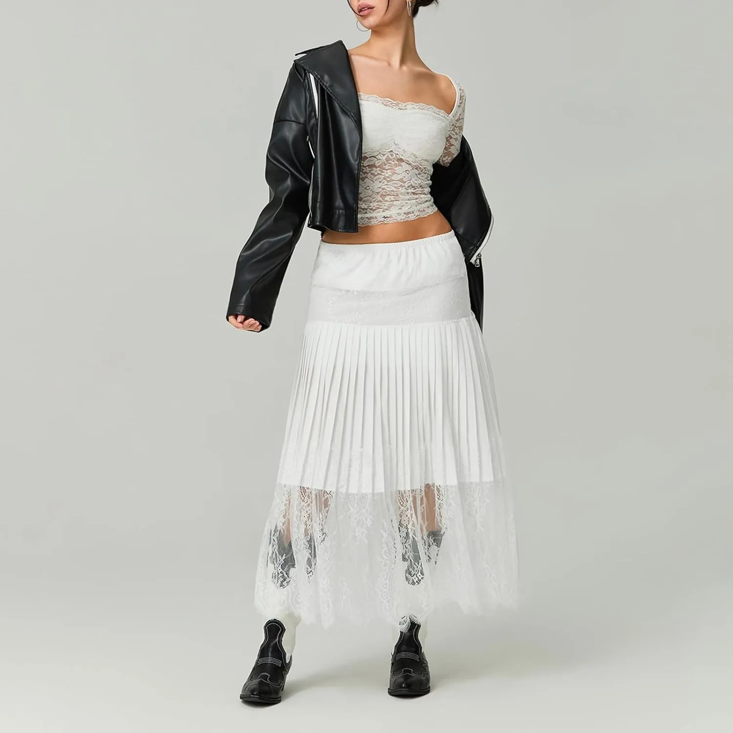Womens Summer Pleated Lace Skirt Casual Floral Elastic Waist A-Line Midi Maxi Skirts Beach Vacation Streetwear