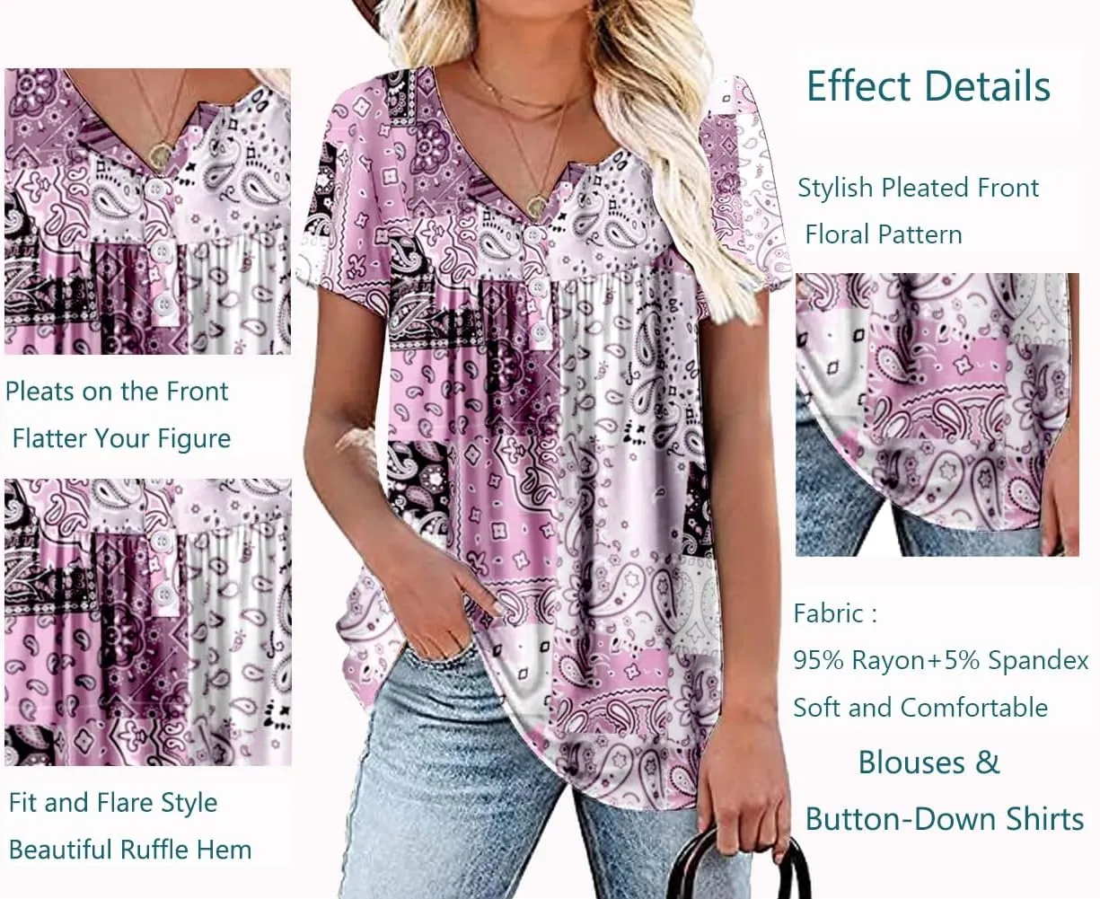 Women's Summer Short Sleeve Tunic Plus size ladies shirts Floral Blouse Loose Flowy Tops for Leggings M-4XL