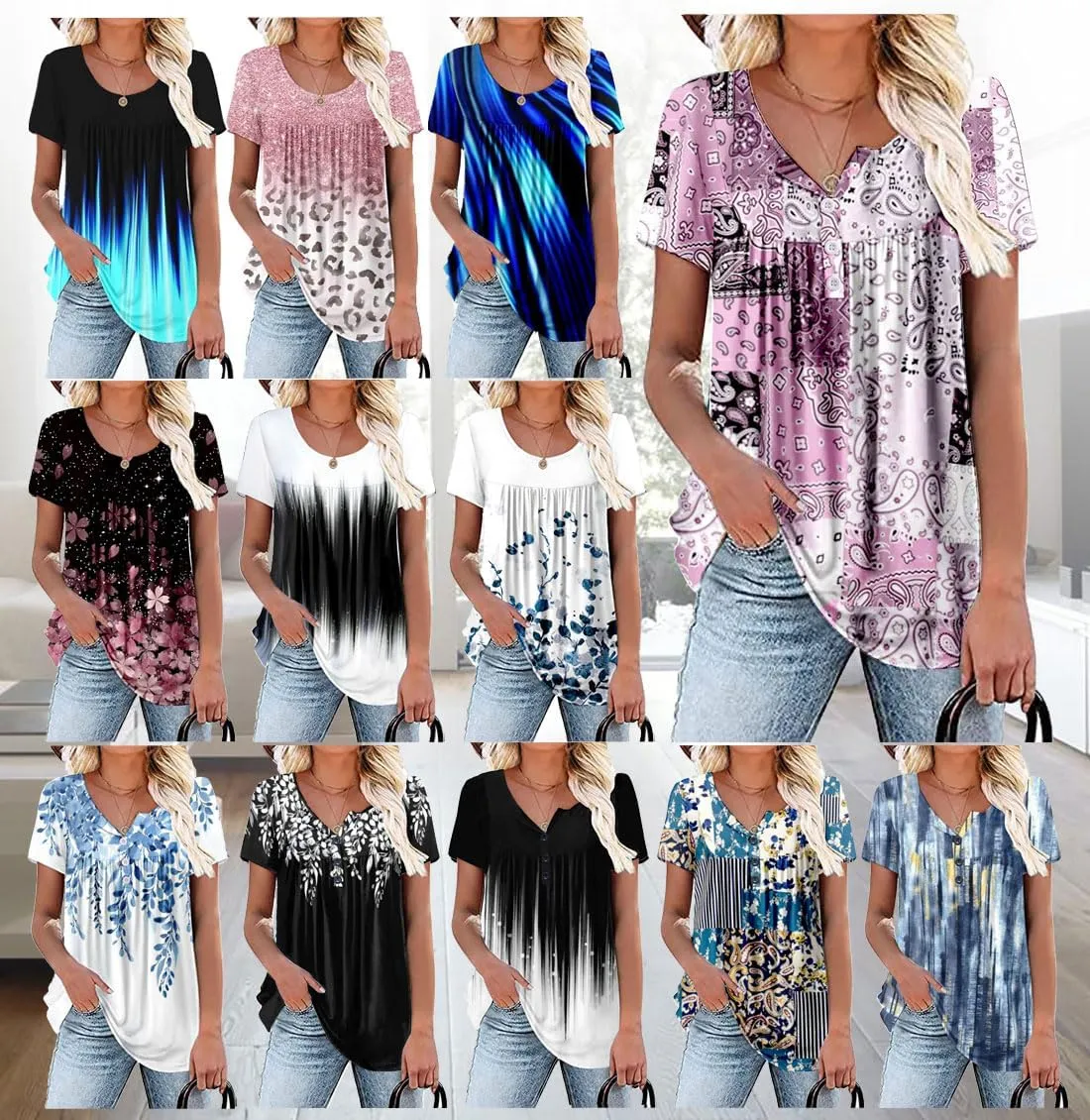 Women's Summer Short Sleeve Tunic Plus size ladies shirts Floral Blouse Loose Flowy Tops for Leggings M-4XL