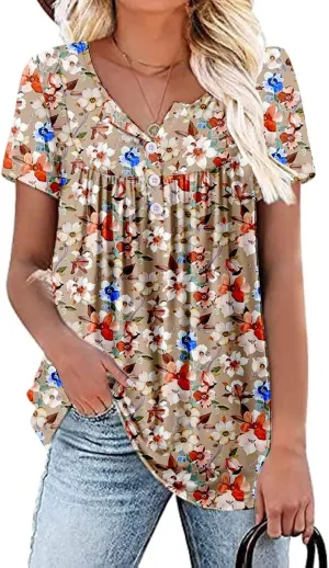 Women's Summer Short Sleeve Tunic Plus size ladies shirts Floral Blouse Loose Flowy Tops for Leggings M-4XL