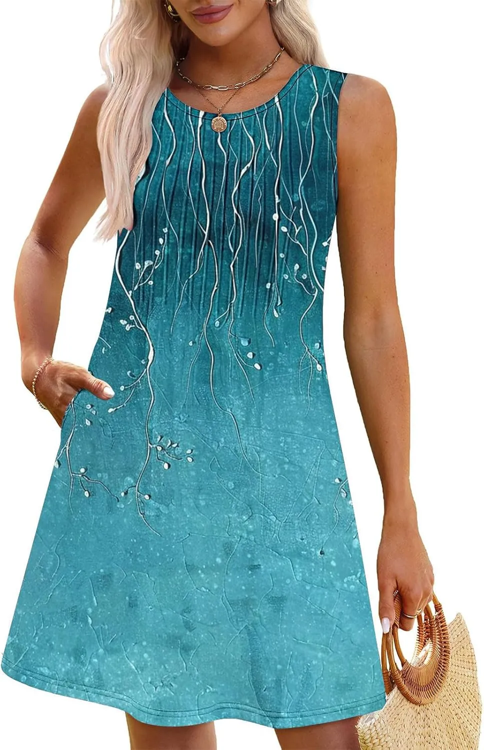 Women's Summer Sleeveless Boho Beach Dress Floral Mini Sundress with Pockets Casual Vacation Travel Flowy Tshirt Dress