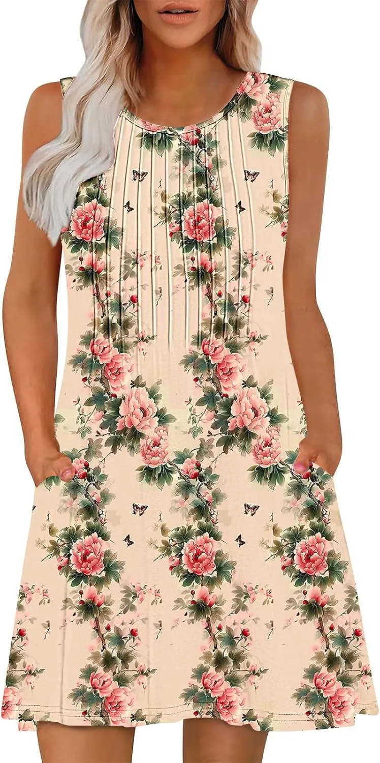 Women's Summer Sleeveless Boho Beach Dress Floral Mini Sundress with Pockets Casual Vacation Travel Flowy Tshirt Dress