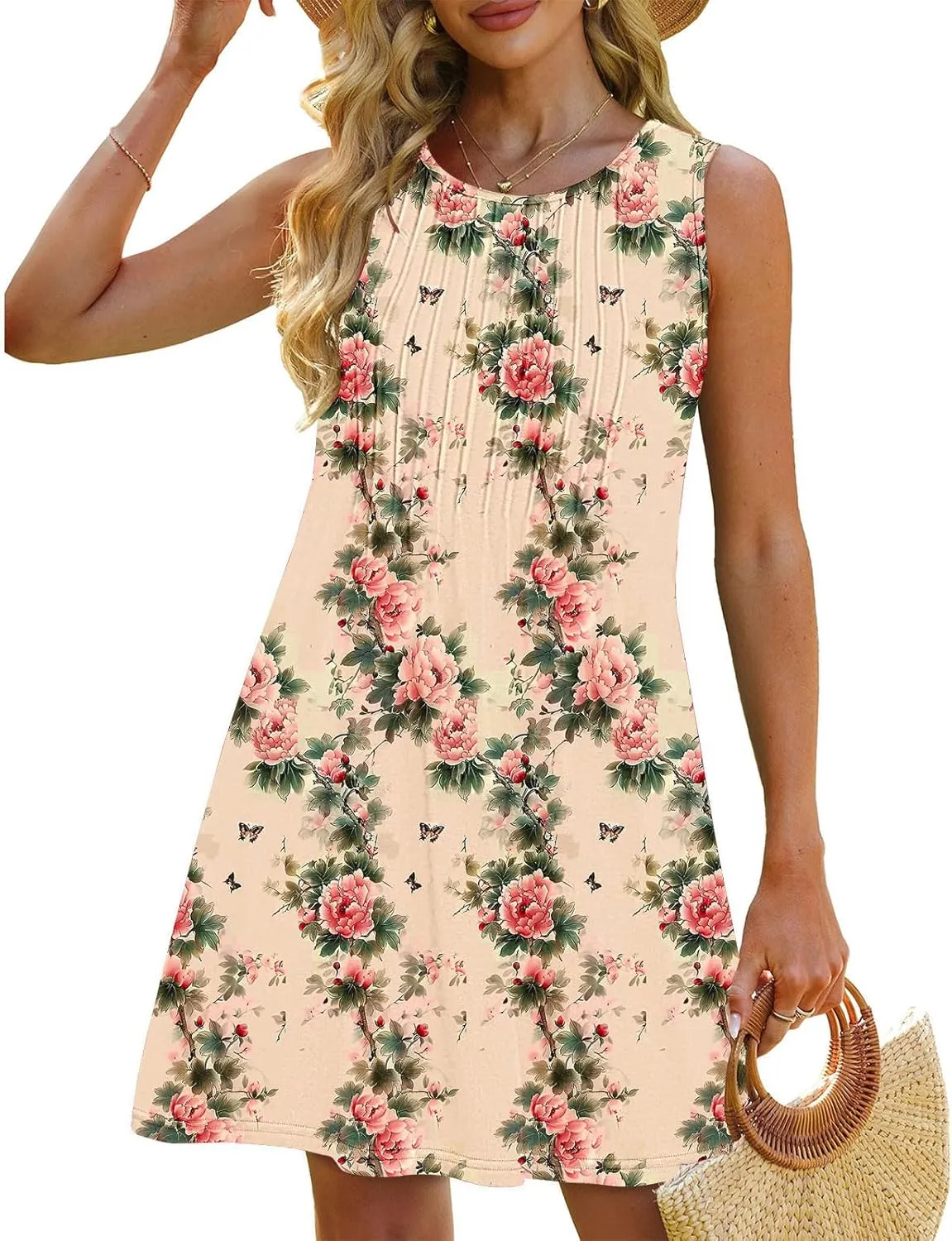 Women's Summer Sleeveless Boho Beach Dress Floral Mini Sundress with Pockets Casual Vacation Travel Flowy Tshirt Dress