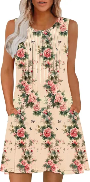 Women's Summer Sleeveless Boho Beach Dress Floral Mini Sundress with Pockets Casual Vacation Travel Flowy Tshirt Dress