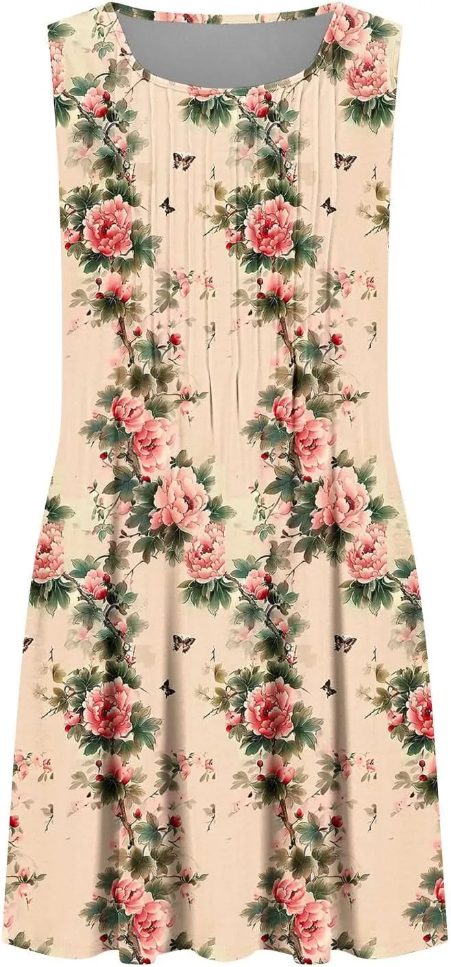 Women's Summer Sleeveless Boho Beach Dress Floral Mini Sundress with Pockets Casual Vacation Travel Flowy Tshirt Dress