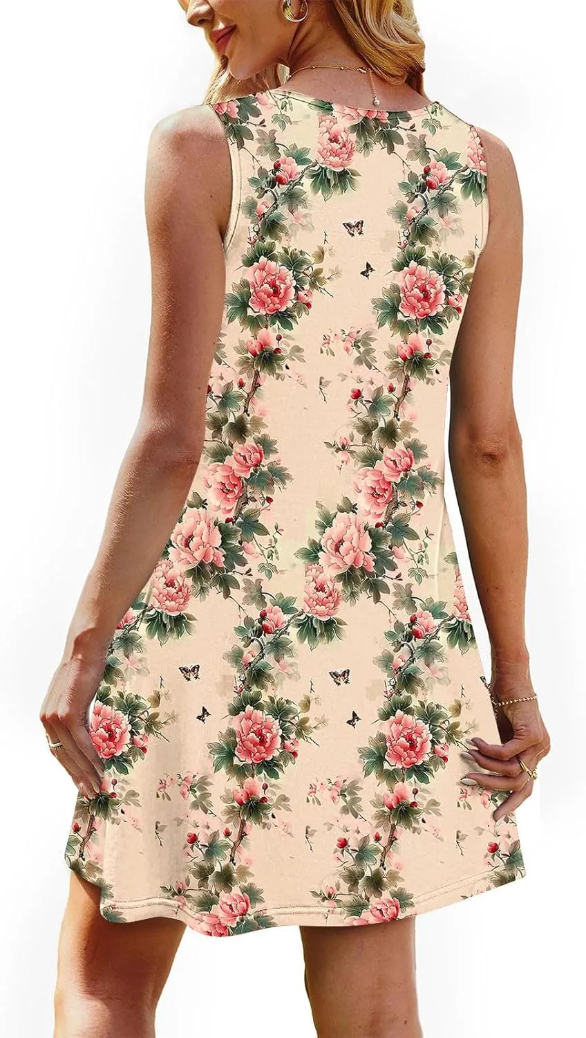 Women's Summer Sleeveless Boho Beach Dress Floral Mini Sundress with Pockets Casual Vacation Travel Flowy Tshirt Dress