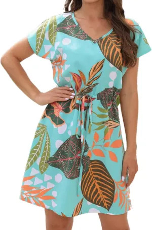 Women's Sundresses Summer 2024 Casual Fashion Floral Print Drawstring V-Neck Short Sleeve Mini Dress Boho Beach Dress