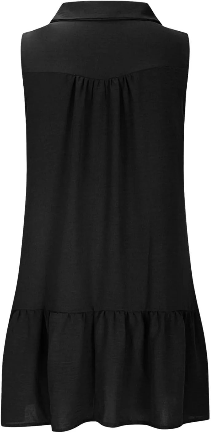 Womens Tank Dresses 2025 Summer V Neck Button Down Sleeveless Mini Sundress Ruffle Hem Shift Dress with Pockets