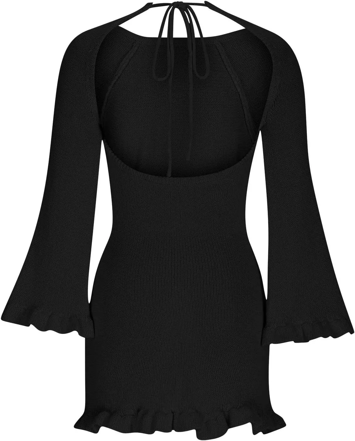 Women's Tie Backless Sweater Dress Round Neck Bell Long Sleeve Ribbed Knit Slim Basic Bodycon Ruffle Trim Mini Dresses