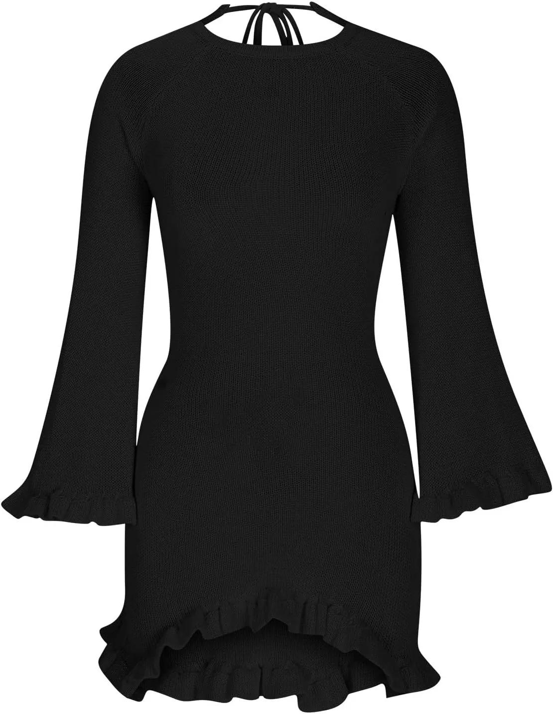Women's Tie Backless Sweater Dress Round Neck Bell Long Sleeve Ribbed Knit Slim Basic Bodycon Ruffle Trim Mini Dresses
