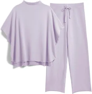 Women's Two Piece Outfits 3/4 Batwing Sleeve Capelet Crew Neck Pullover Top Wide Leg Pants Lounge Set