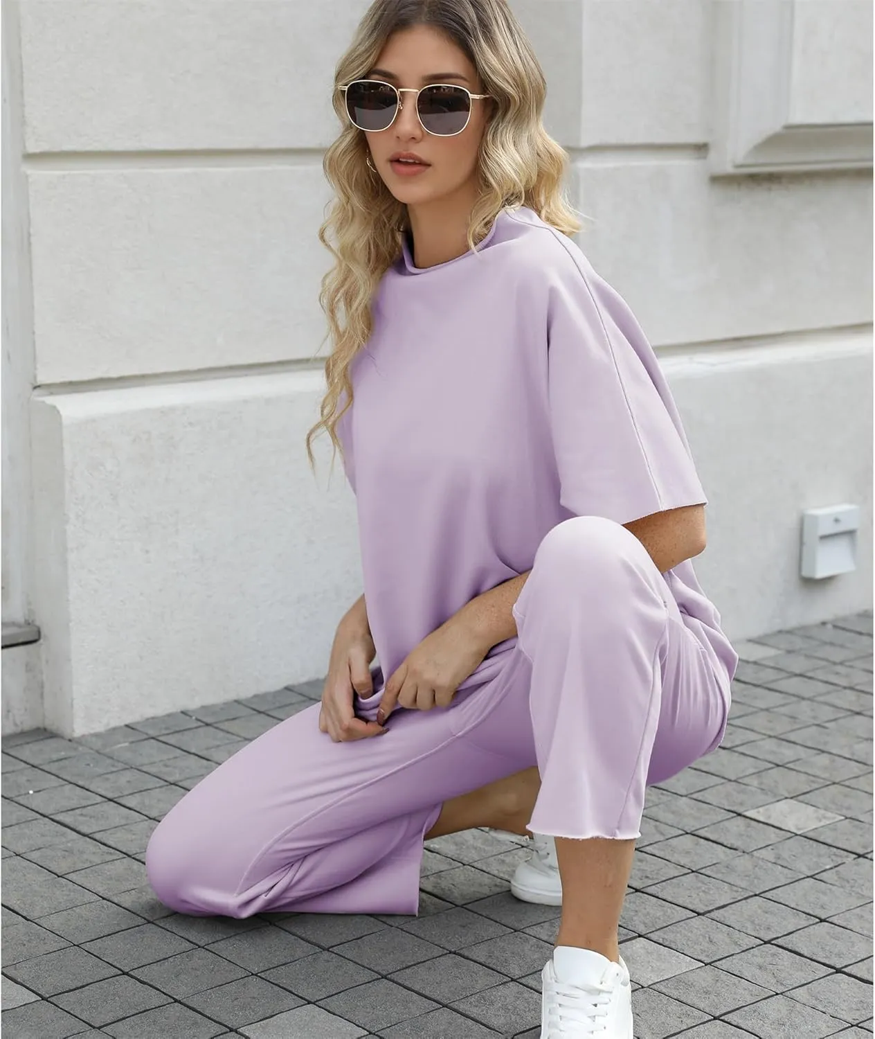 Women's Two Piece Outfits 3/4 Batwing Sleeve Capelet Crew Neck Pullover Top Wide Leg Pants Lounge Set