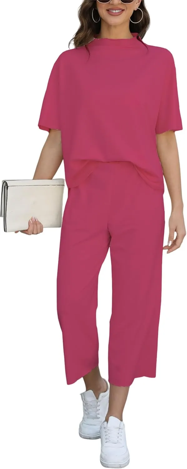 Women's Two Piece Set 3/4 BatwingSleeve Placket Crew Neck Pullover Top Wide Leg Pants Casual Set