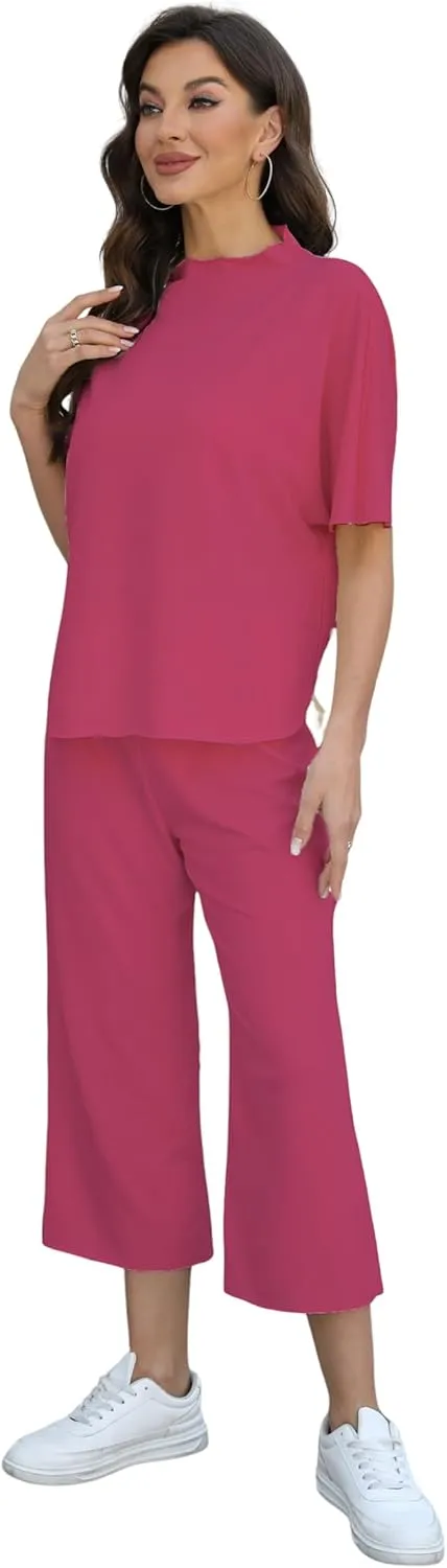 Women's Two Piece Set 3/4 BatwingSleeve Placket Crew Neck Pullover Top Wide Leg Pants Casual Set