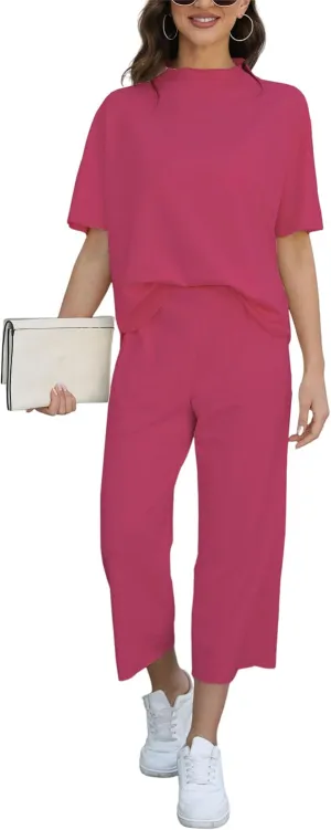 Women's Two Piece Set 3/4 BatwingSleeve Placket Crew Neck Pullover Top Wide Leg Pants Casual Set