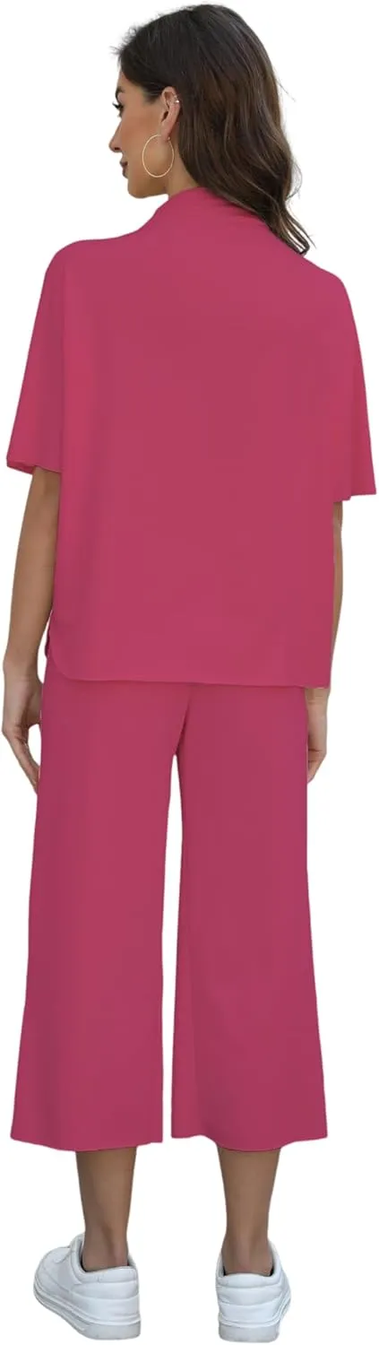 Women's Two Piece Set 3/4 BatwingSleeve Placket Crew Neck Pullover Top Wide Leg Pants Casual Set