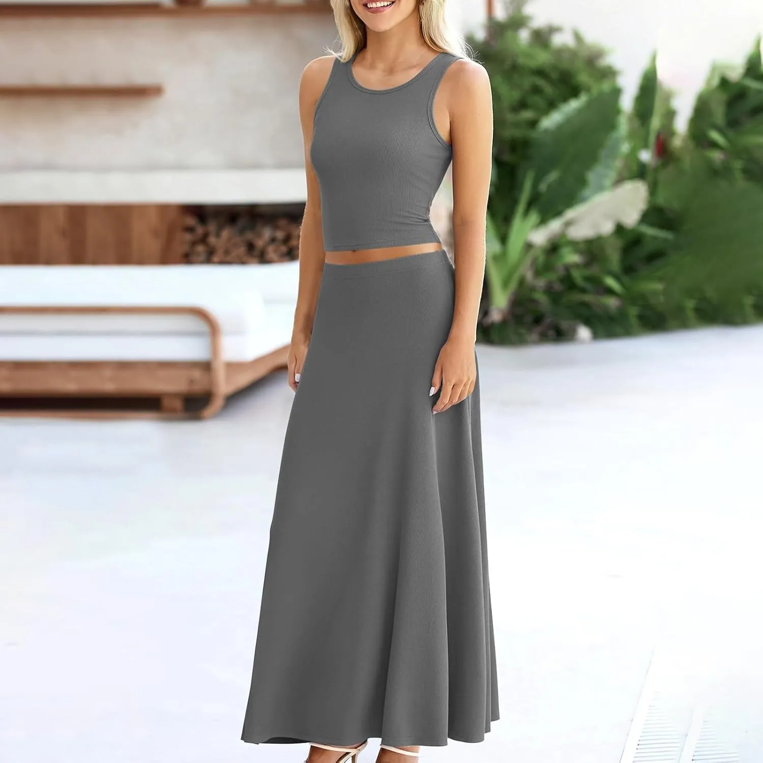 Womens Two Piece Skirt Set Casual Ribbed Knit Crew Neck Short Sleeve Slim Fit Cropped Tops and Swing Midi Skirts Sets